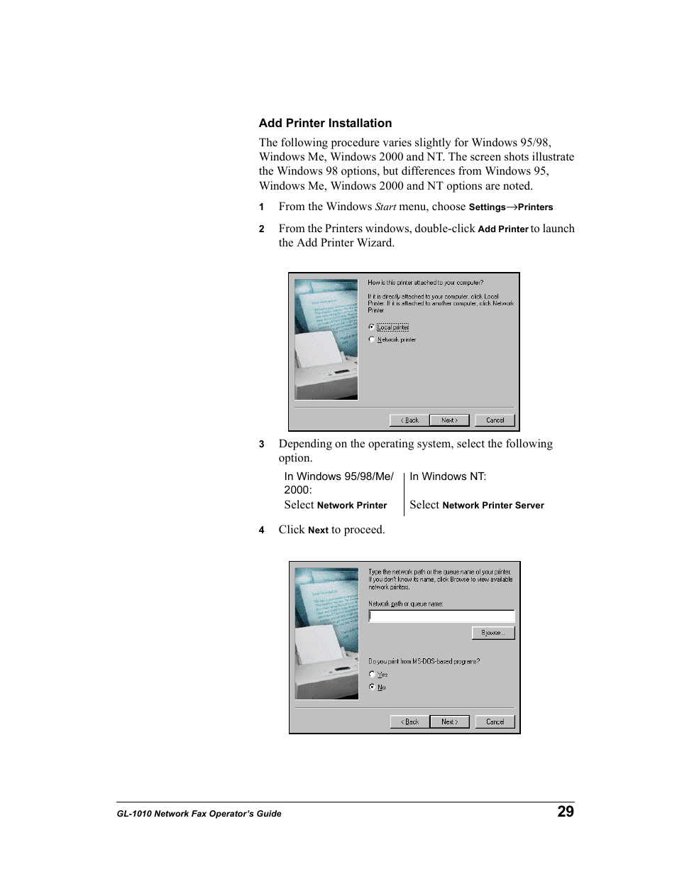 Add printer installation | Toshiba GL-1010 User Manual | Page 29 / 97