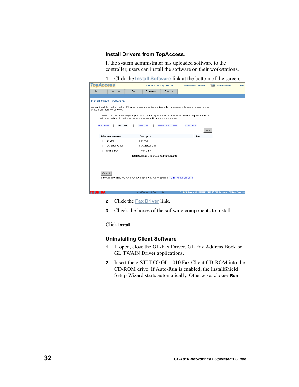 Install drivers from topaccess, Click install, Uninstalling client software | Click | Toshiba GL-1010 User Manual | Page 32 / 97