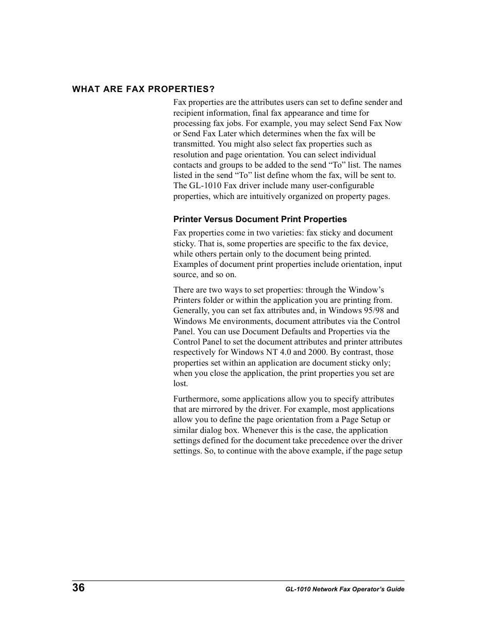 What are fax properties, Printer versus document print properties | Toshiba GL-1010 User Manual | Page 36 / 97