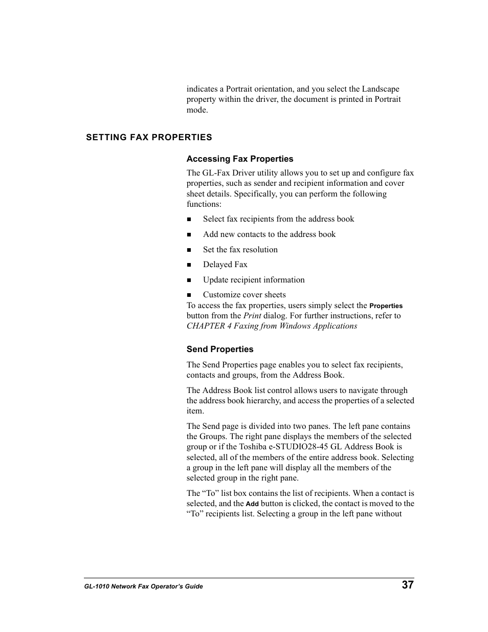 Setting fax properties, Accessing fax properties, Send properties | Toshiba GL-1010 User Manual | Page 37 / 97