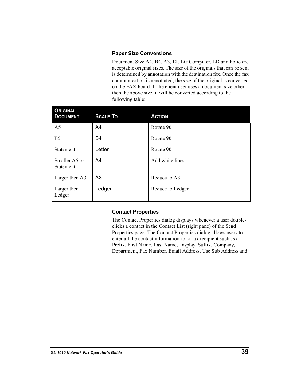Paper size conversions, Contact properties | Toshiba GL-1010 User Manual | Page 39 / 97