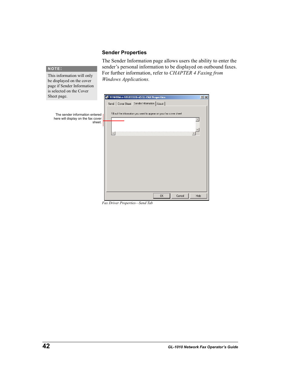 Sender properties | Toshiba GL-1010 User Manual | Page 42 / 97