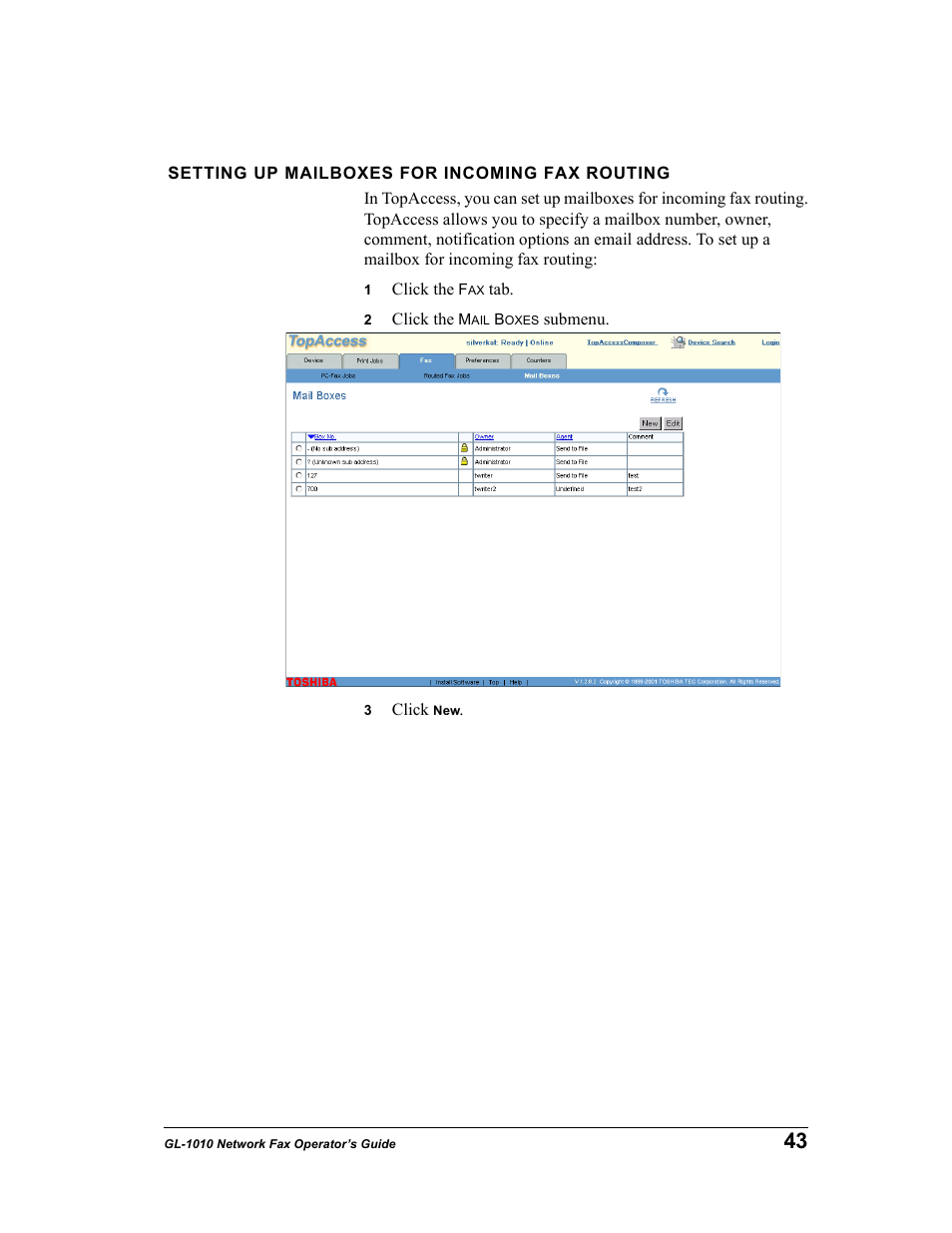 Setting up mailboxes for incoming fax routing | Toshiba GL-1010 User Manual | Page 43 / 97