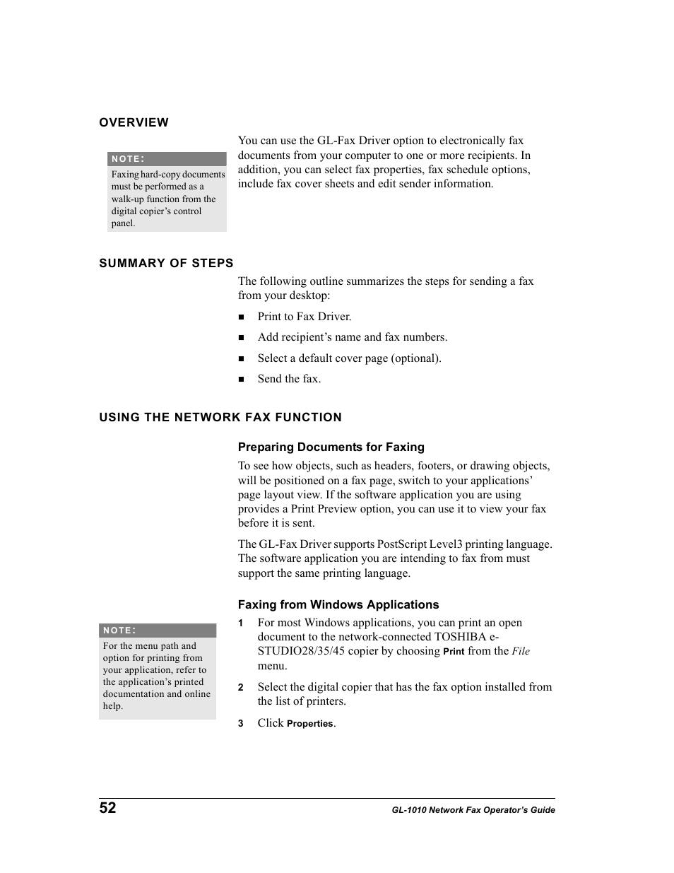Overview, Summary of steps, Using the network fax function | Preparing documents for faxing, Faxing from windows applications | Toshiba GL-1010 User Manual | Page 52 / 97