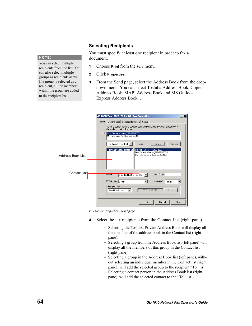 Selecting recipients | Toshiba GL-1010 User Manual | Page 54 / 97