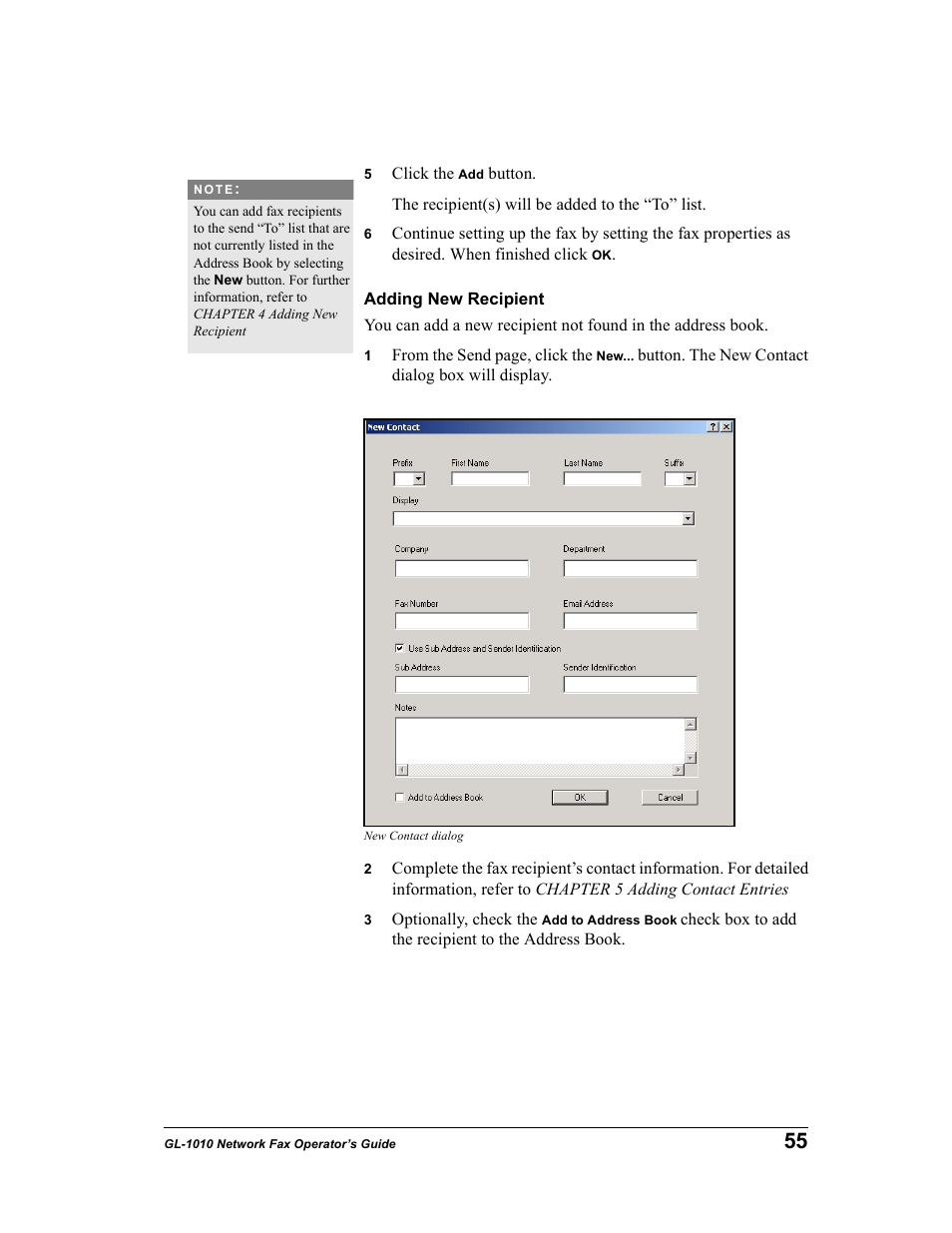 Adding new recipient | Toshiba GL-1010 User Manual | Page 55 / 97
