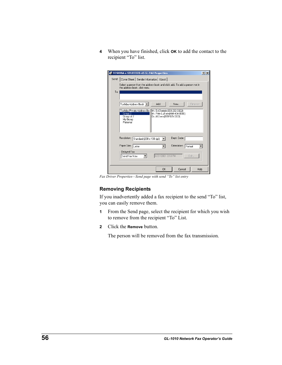 Removing recipients | Toshiba GL-1010 User Manual | Page 56 / 97