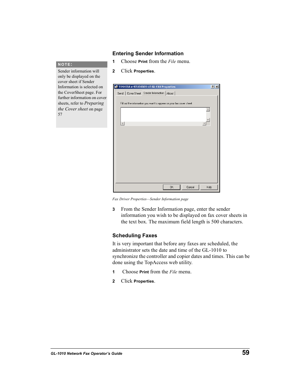 Entering sender information, Scheduling faxes, Entering sender | Information | Toshiba GL-1010 User Manual | Page 59 / 97
