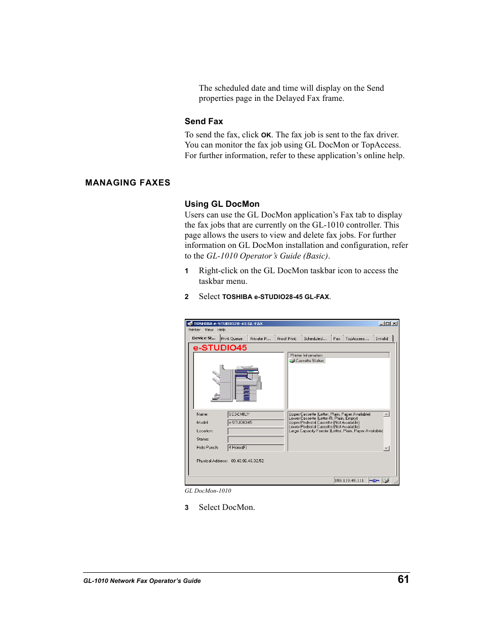Send fax, Managing faxes, Using gl docmon | Toshiba GL-1010 User Manual | Page 61 / 97