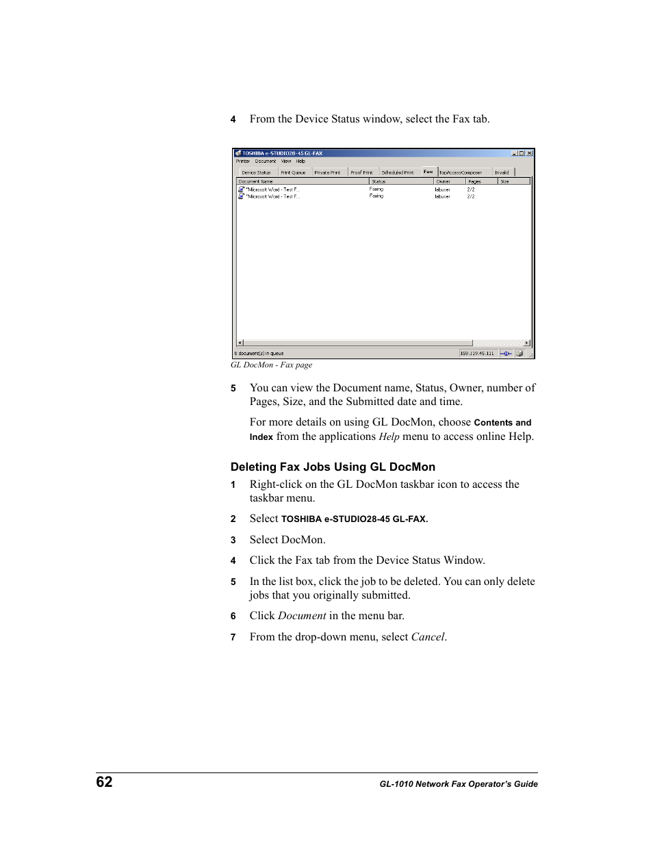 Deleting fax jobs using gl docmon | Toshiba GL-1010 User Manual | Page 62 / 97