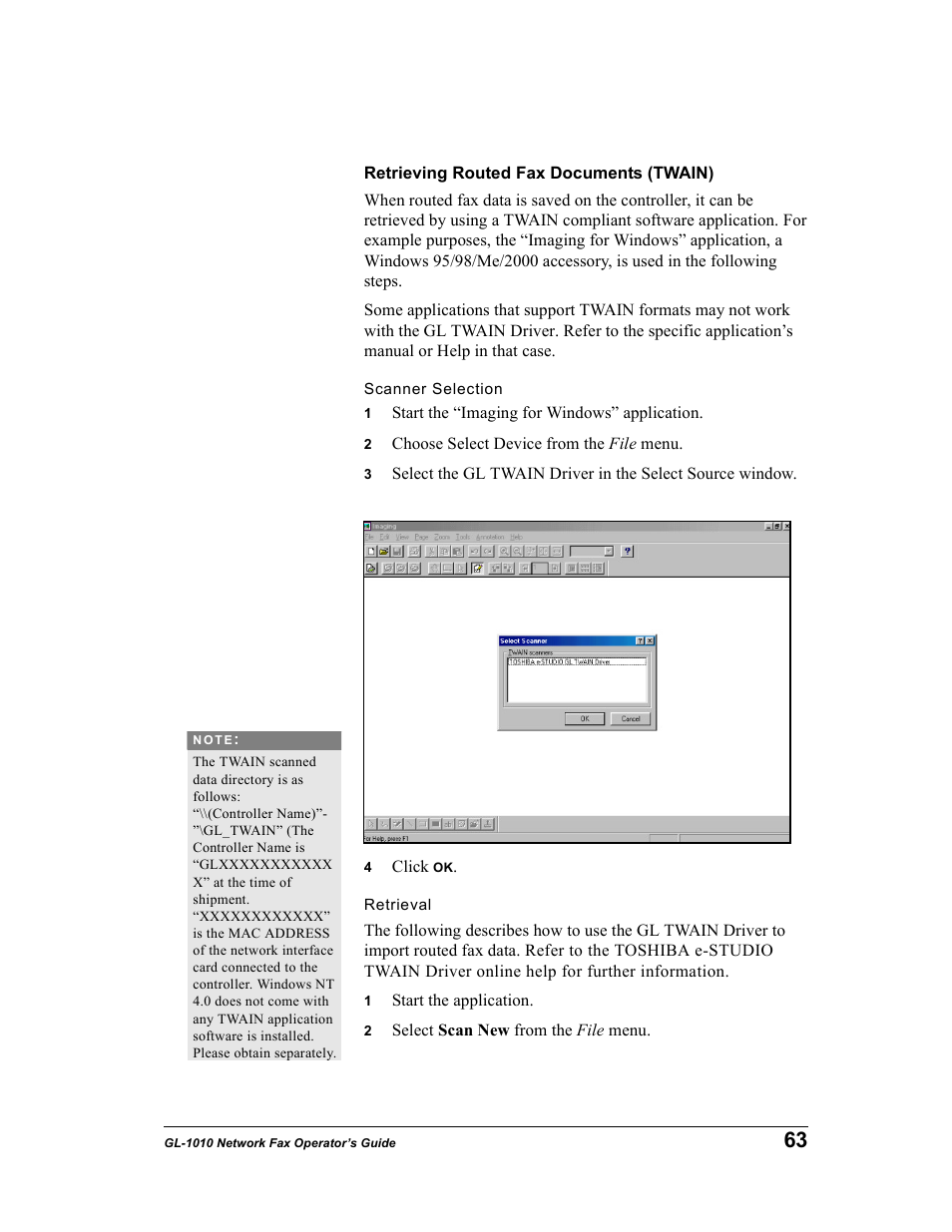 Retrieving routed fax documents (twain), Scanner selection, Retrieval | Toshiba GL-1010 User Manual | Page 63 / 97