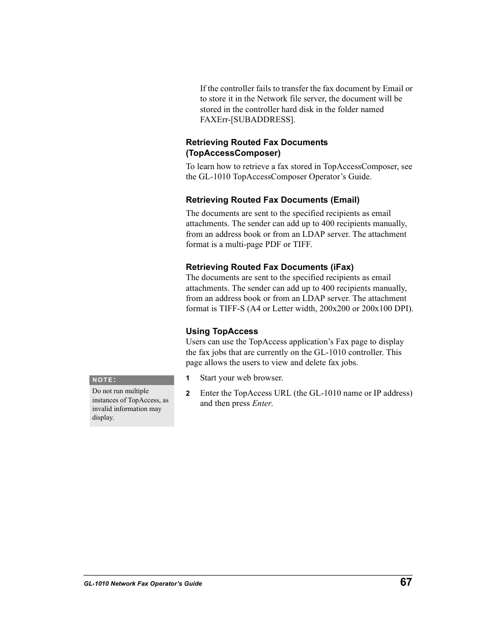 Retrieving routed fax documents (email), Retrieving routed fax documents (ifax), Using topaccess | Toshiba GL-1010 User Manual | Page 67 / 97