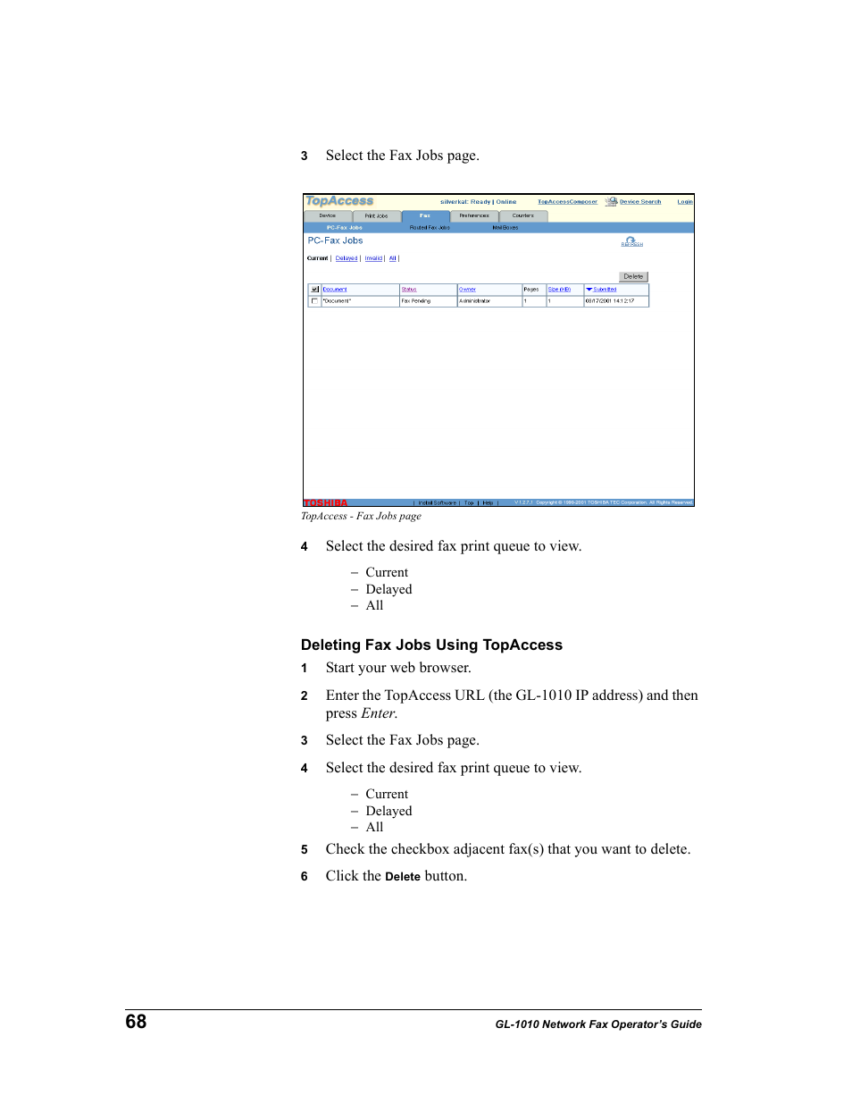 Deleting fax jobs using topaccess | Toshiba GL-1010 User Manual | Page 68 / 97