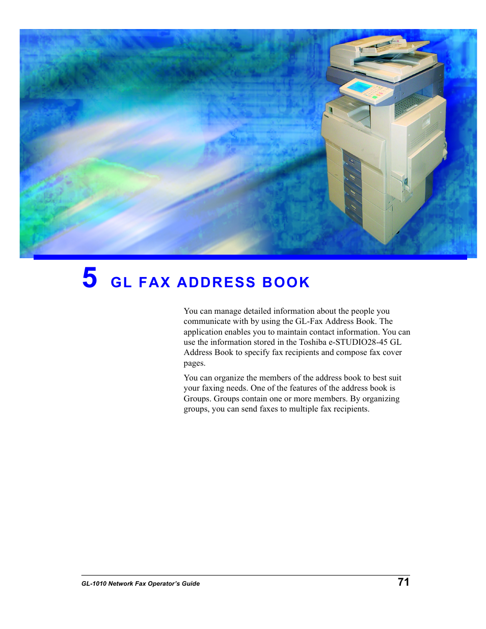 5 gl fax address book, Gl fax address book | Toshiba GL-1010 User Manual | Page 71 / 97