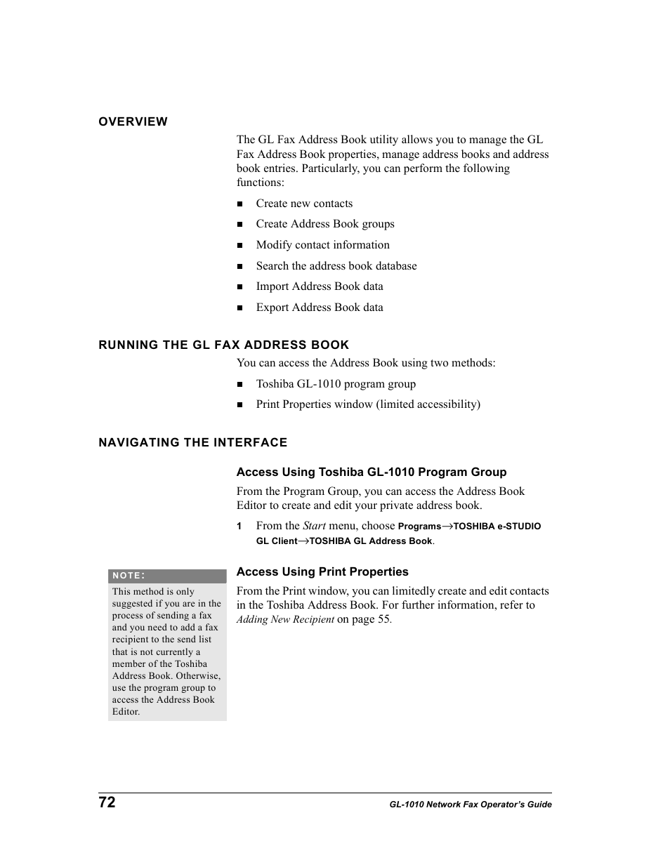 Overview, Running the gl fax address book, Navigating the interface | Access using toshiba gl-1010 program group, Access using print properties | Toshiba GL-1010 User Manual | Page 72 / 97