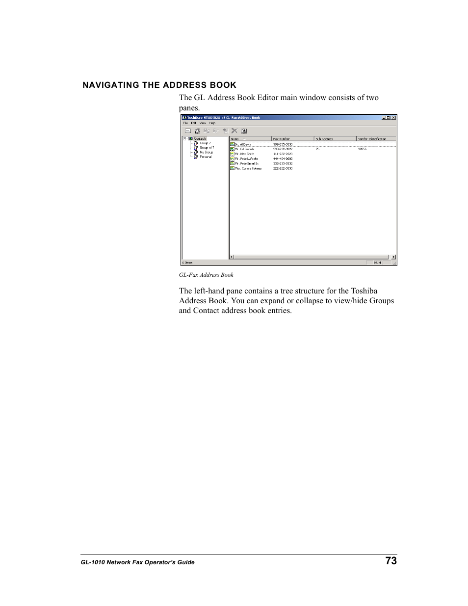 Navigating the address book | Toshiba GL-1010 User Manual | Page 73 / 97