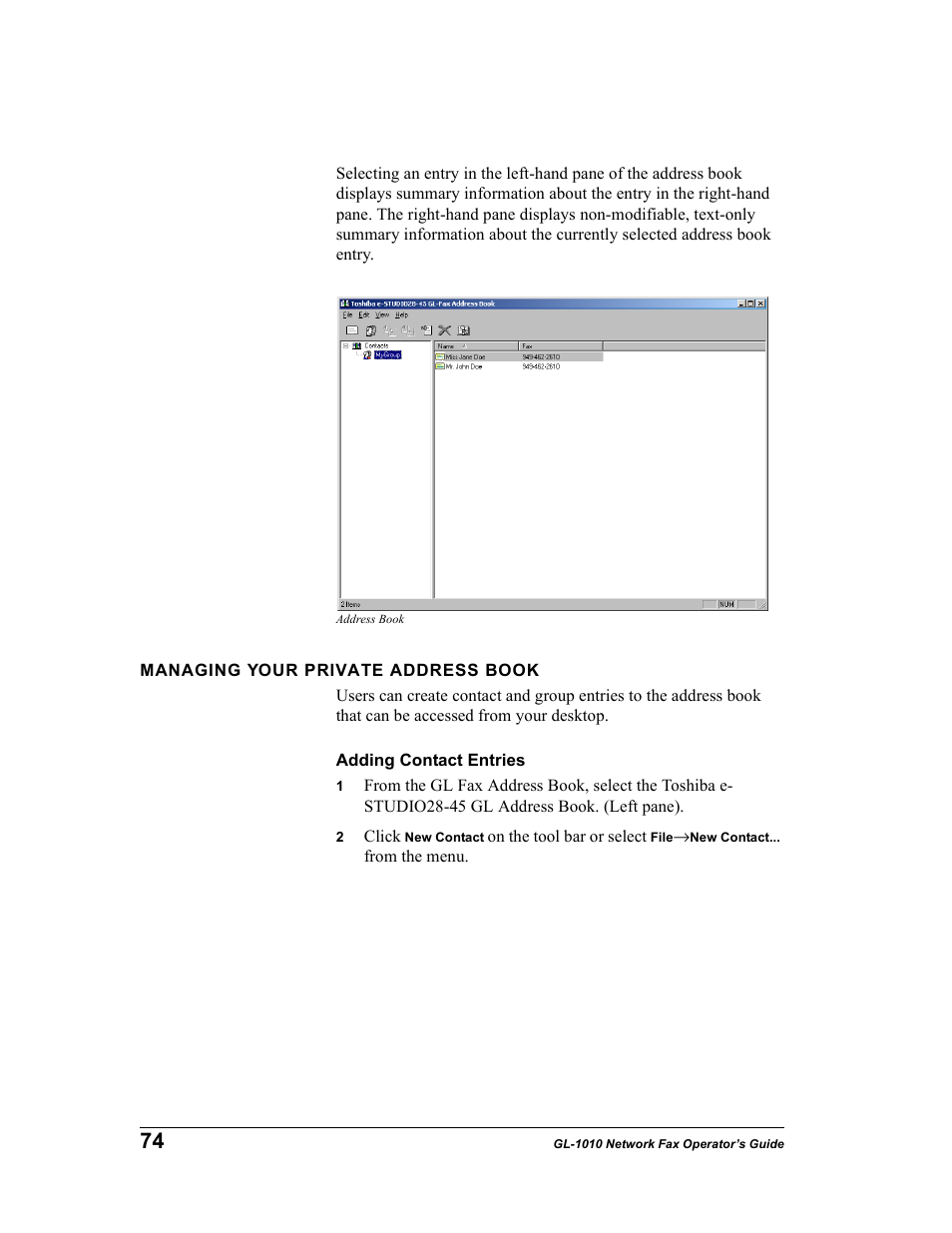 Managing your private address book, Adding contact entries | Toshiba GL-1010 User Manual | Page 74 / 97