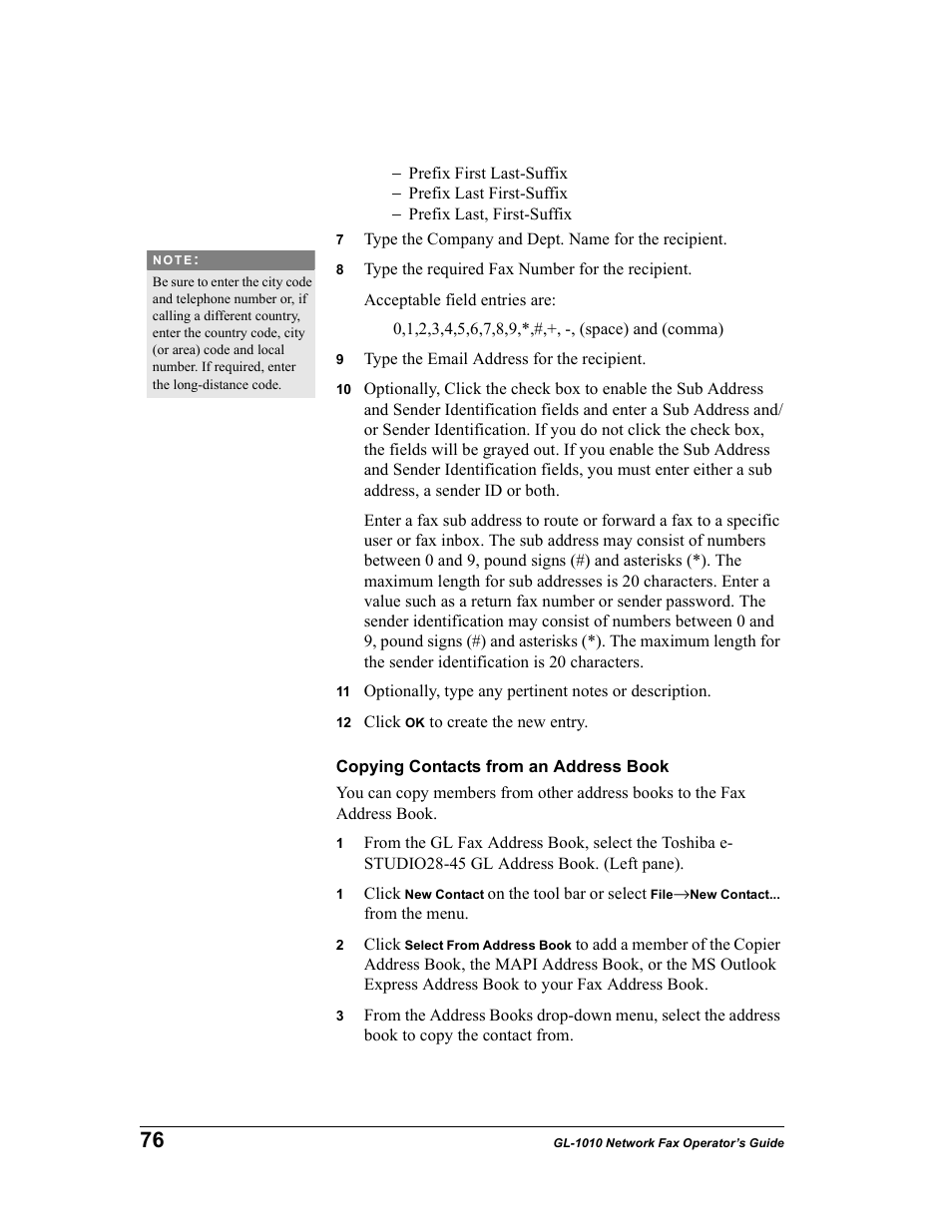Copying contacts from an address book | Toshiba GL-1010 User Manual | Page 76 / 97