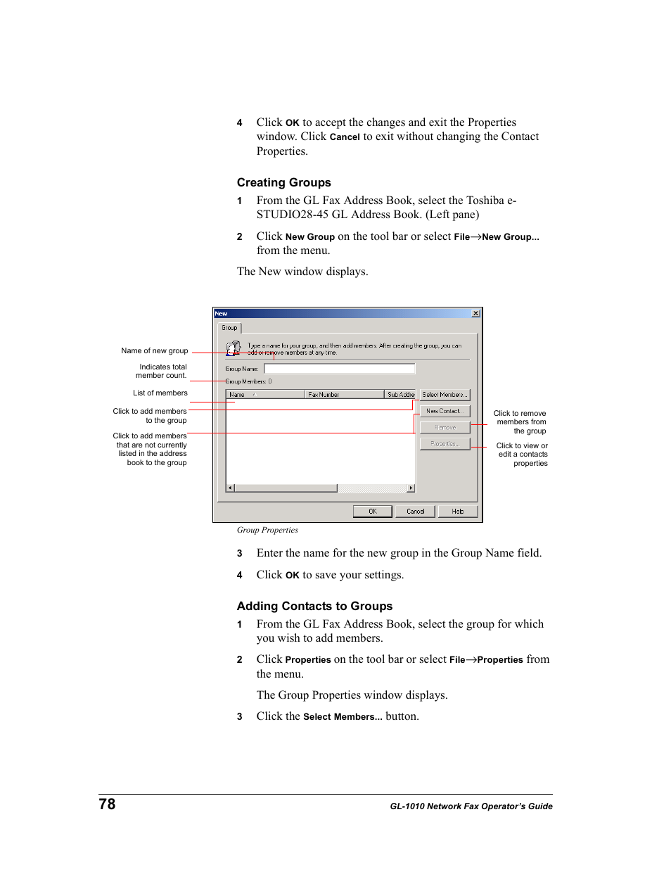 Creating groups, Adding contacts to groups | Toshiba GL-1010 User Manual | Page 78 / 97