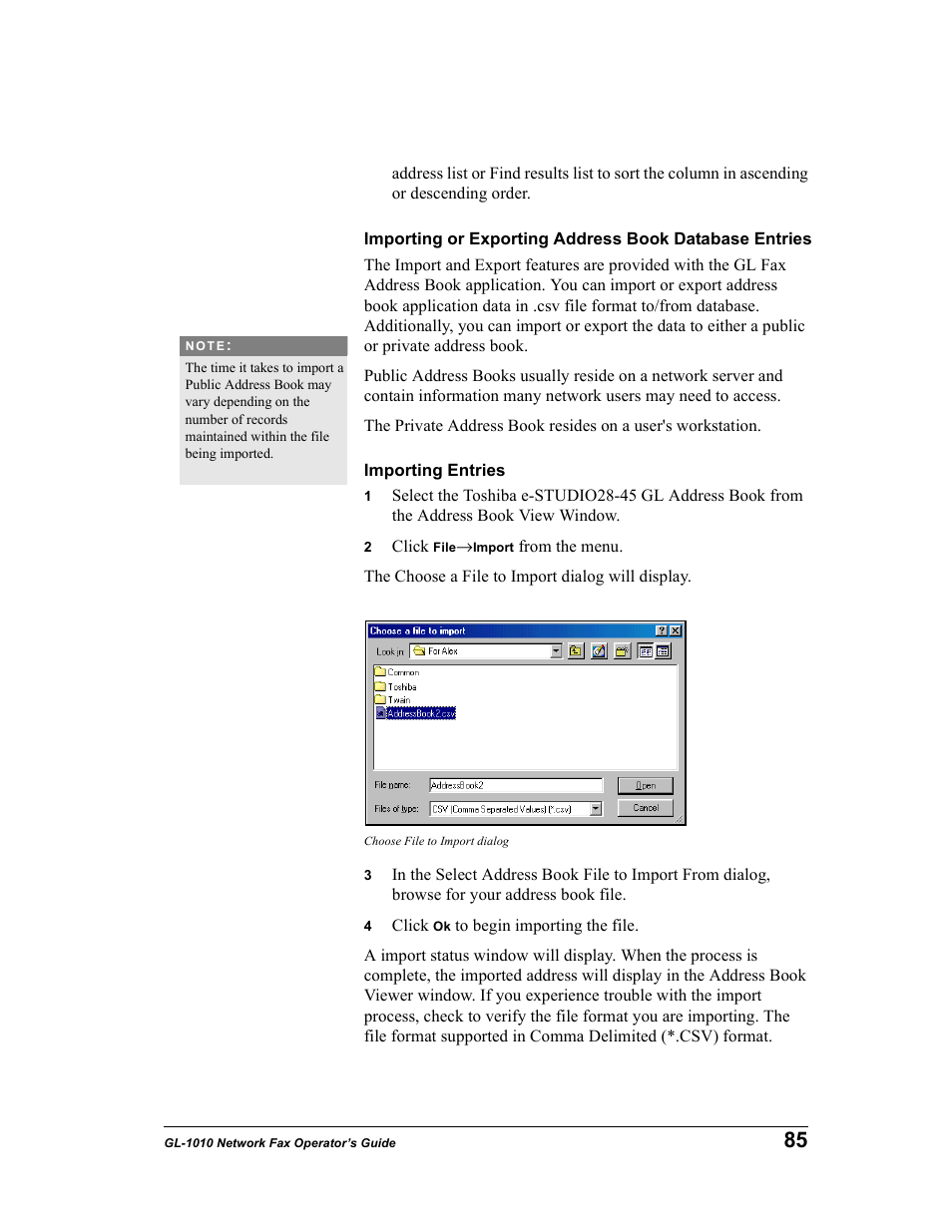 Importing entries | Toshiba GL-1010 User Manual | Page 85 / 97