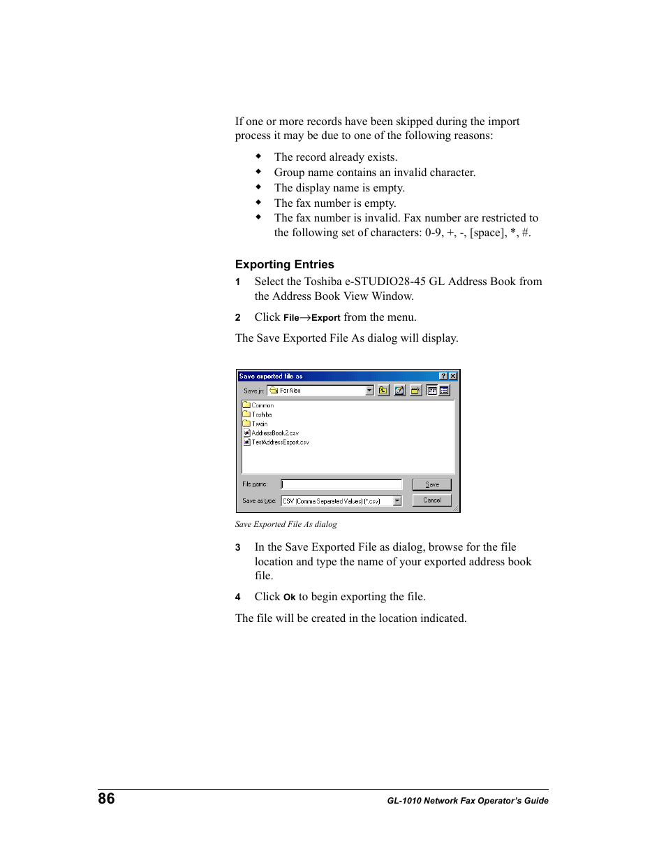 Exporting entries | Toshiba GL-1010 User Manual | Page 86 / 97