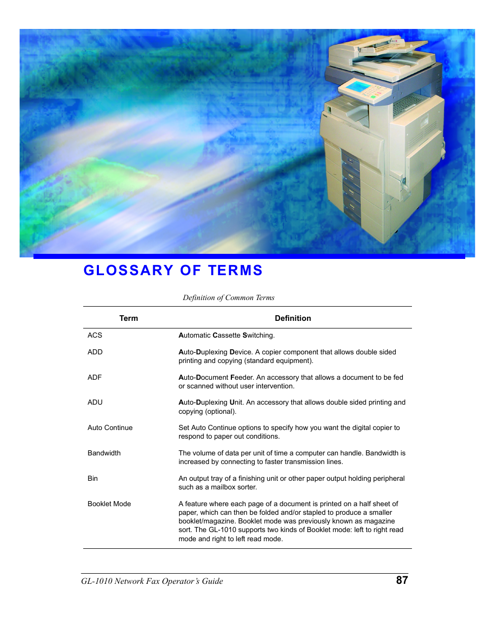 Glossary of terms | Toshiba GL-1010 User Manual | Page 87 / 97