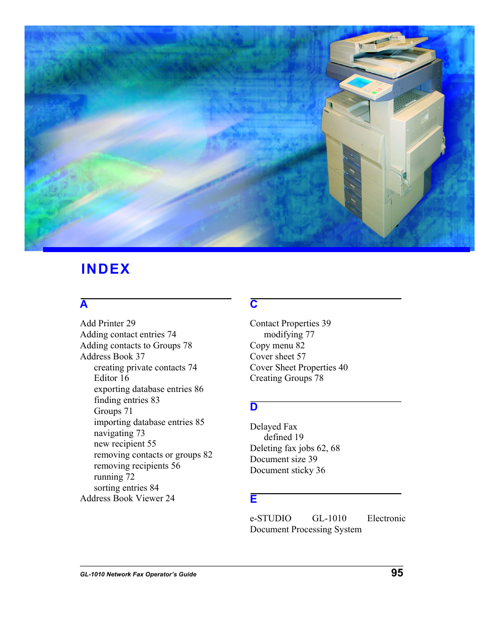 Index | Toshiba GL-1010 User Manual | Page 95 / 97
