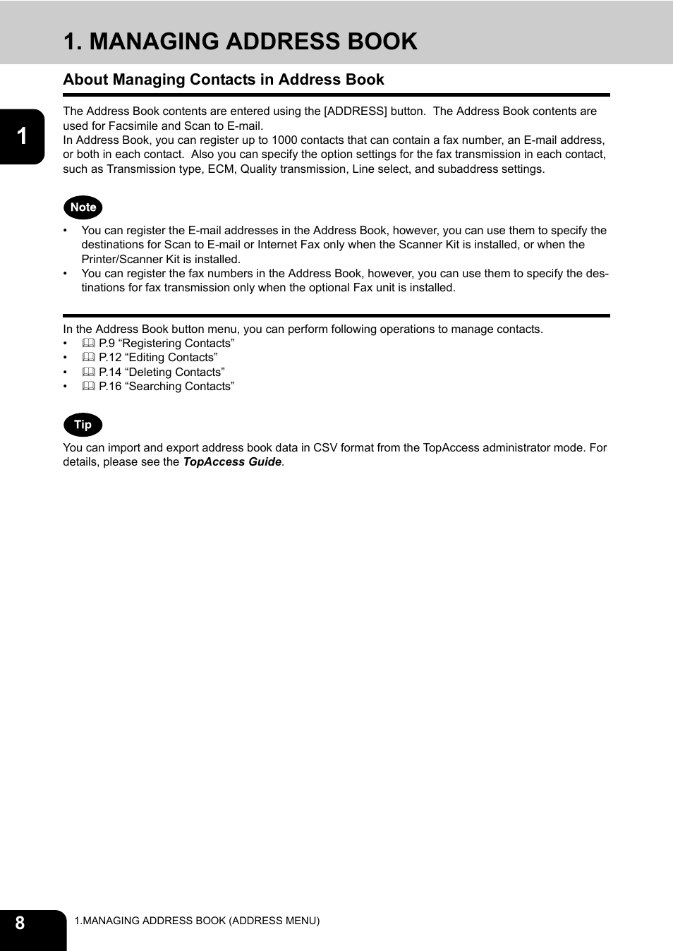 Managing address book, About managing contacts in address book | Toshiba E.STUDIO e-STUDIO 523 User Manual | Page 10 / 216