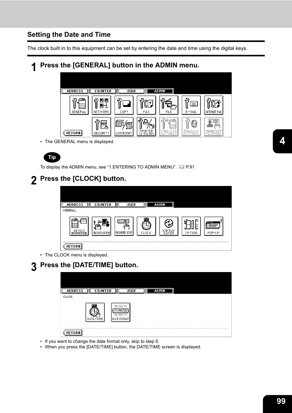 Setting the date and time | Toshiba E.STUDIO e-STUDIO 523 User Manual | Page 101 / 216