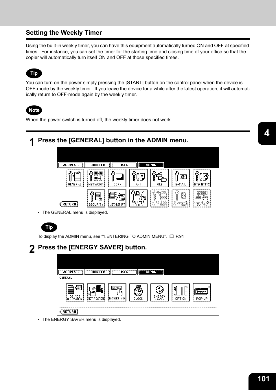 Setting the weekly timer | Toshiba E.STUDIO e-STUDIO 523 User Manual | Page 103 / 216