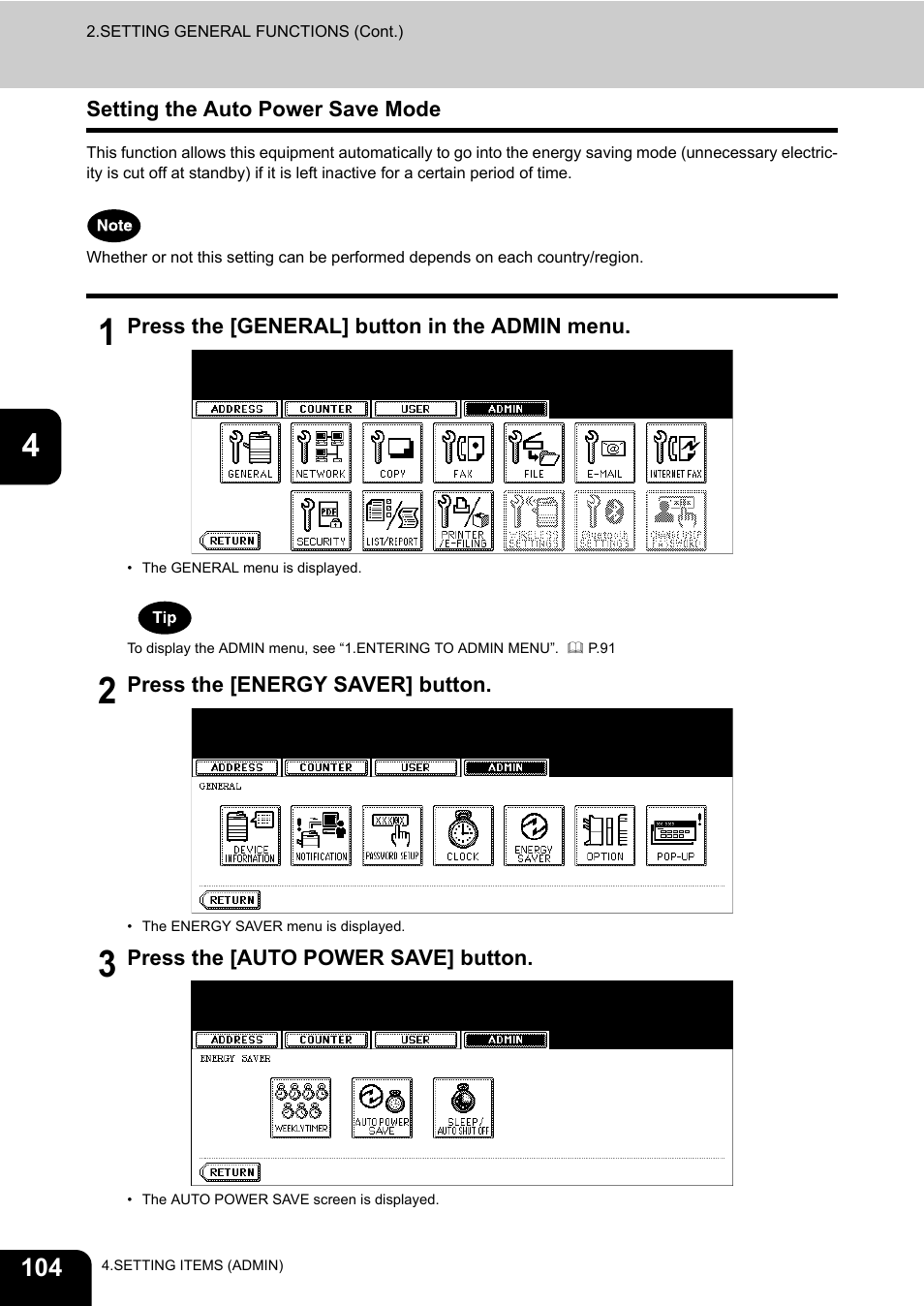 Setting the auto power save mode | Toshiba E.STUDIO e-STUDIO 523 User Manual | Page 106 / 216