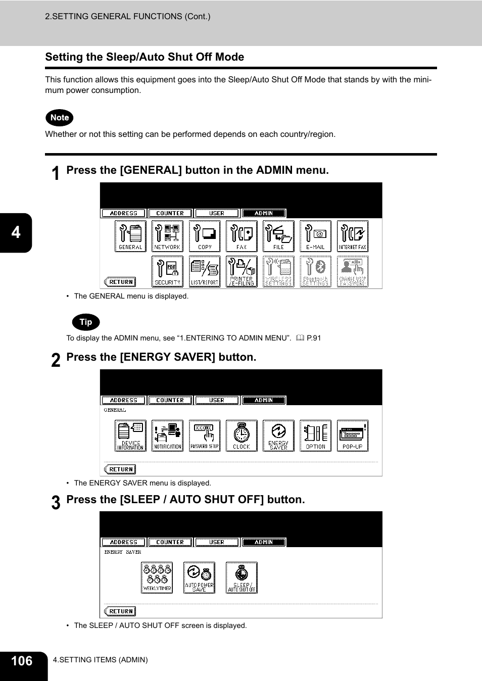 Setting the sleep/auto shut off mode | Toshiba E.STUDIO e-STUDIO 523 User Manual | Page 108 / 216