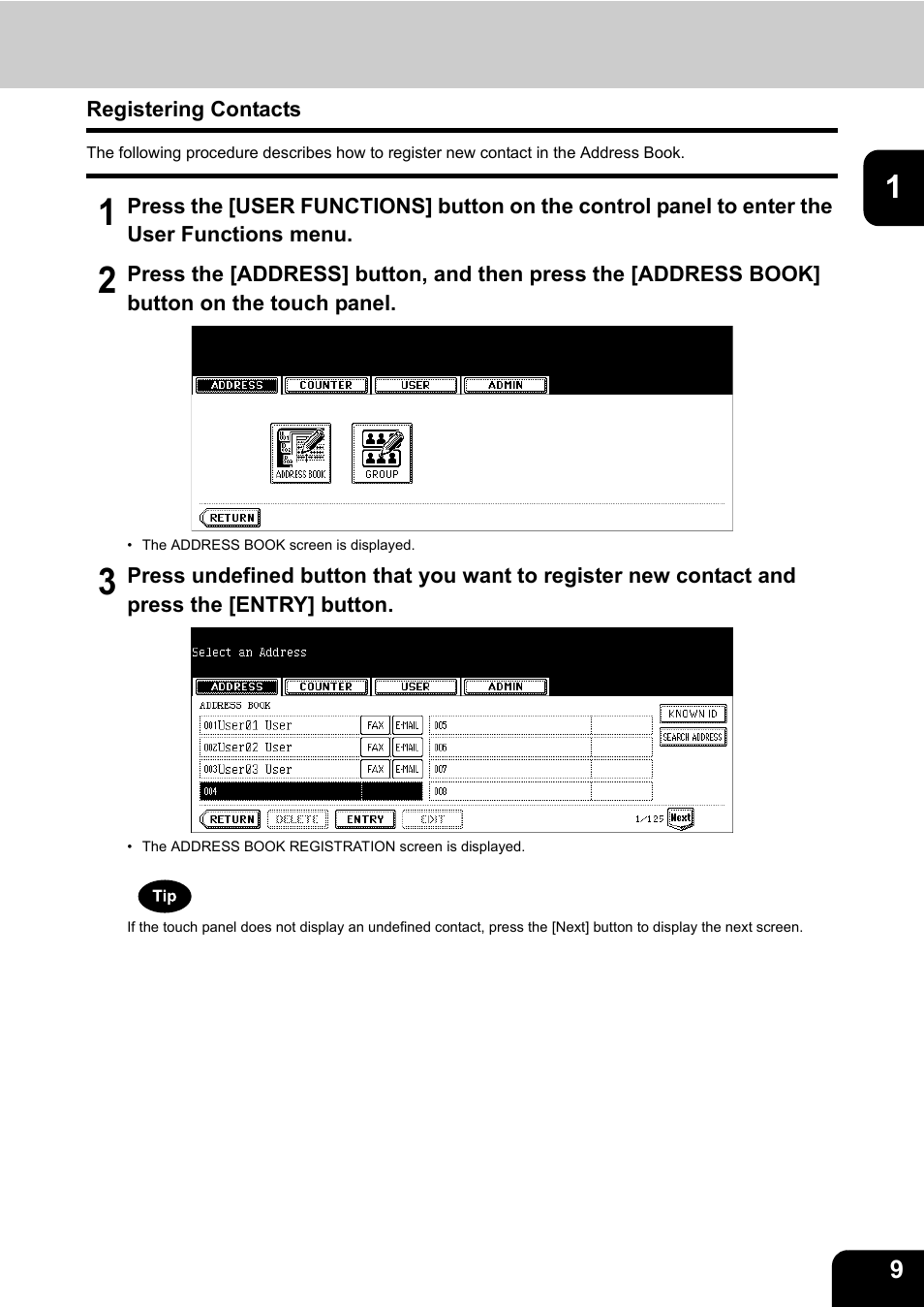 Registering contacts, P.9 “registering contacts | Toshiba E.STUDIO e-STUDIO 523 User Manual | Page 11 / 216