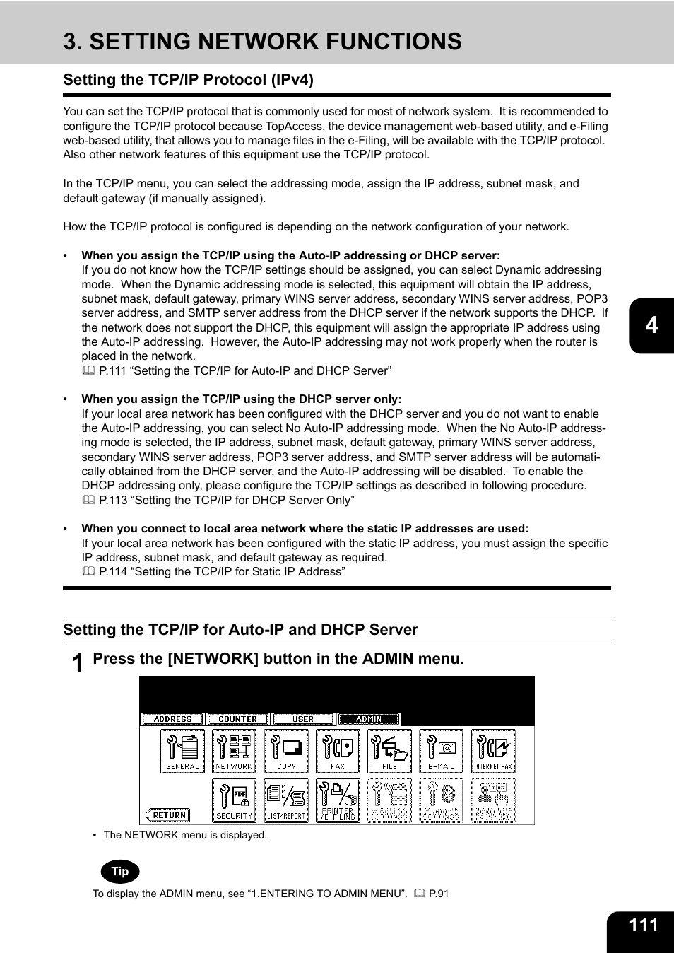 Setting network functions, Setting the tcp/ip protocol (ipv4), Setting the tcp/ip for auto-ip and dhcp server | P.111 “3.setting network functions | Toshiba E.STUDIO e-STUDIO 523 User Manual | Page 113 / 216