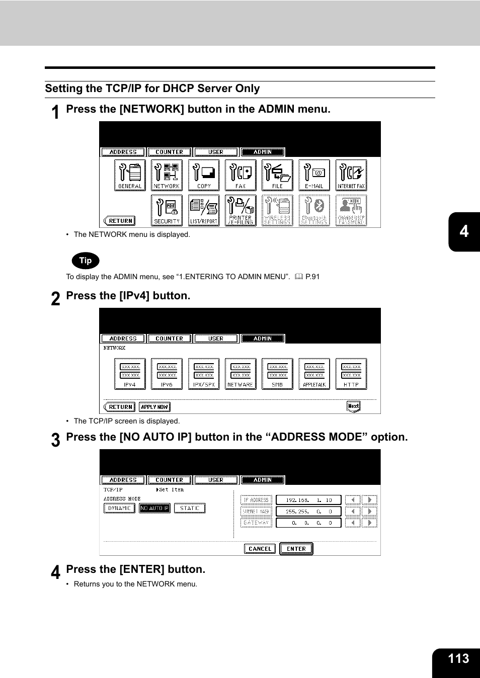 Setting the tcp/ip for dhcp server only, P.113 “setting the tcp/ip for dhcp server only | Toshiba E.STUDIO e-STUDIO 523 User Manual | Page 115 / 216