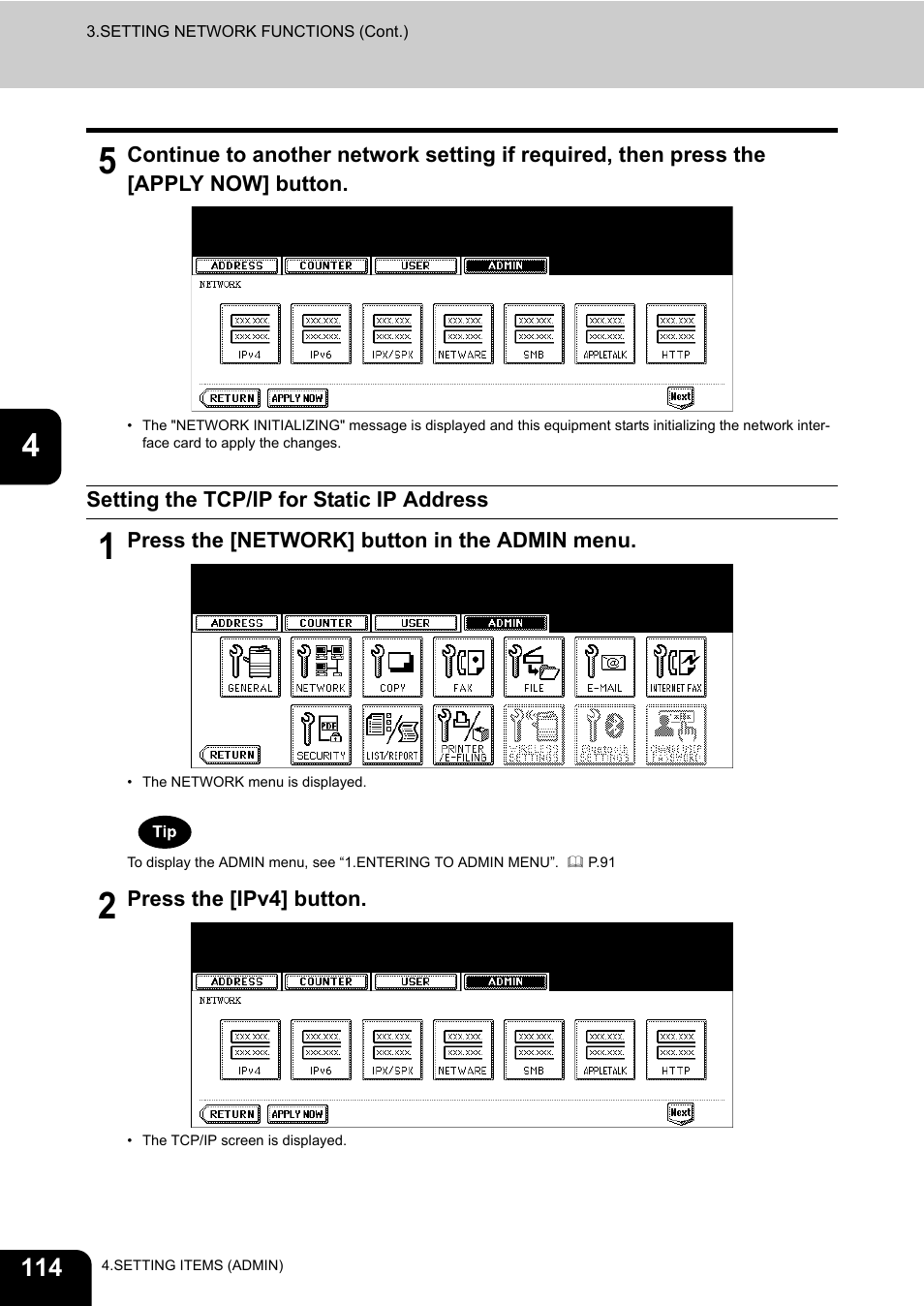 Setting the tcp/ip for static ip address, P.114 “setting the tcp/ip for static ip address | Toshiba E.STUDIO e-STUDIO 523 User Manual | Page 116 / 216