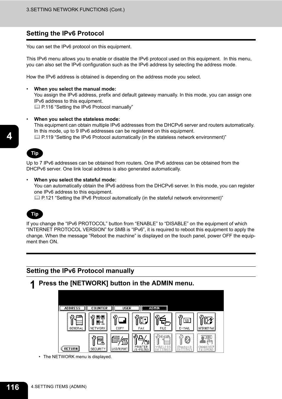 Setting the ipv6 protocol, Setting the ipv6 protocol manually | Toshiba E.STUDIO e-STUDIO 523 User Manual | Page 118 / 216