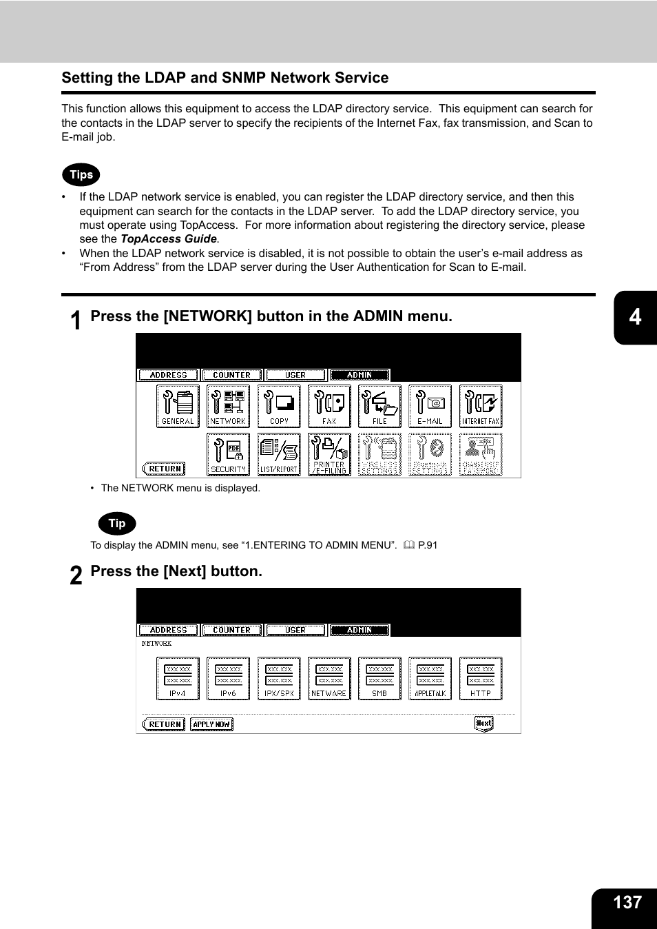 Setting the ldap and snmp network service | Toshiba E.STUDIO e-STUDIO 523 User Manual | Page 139 / 216