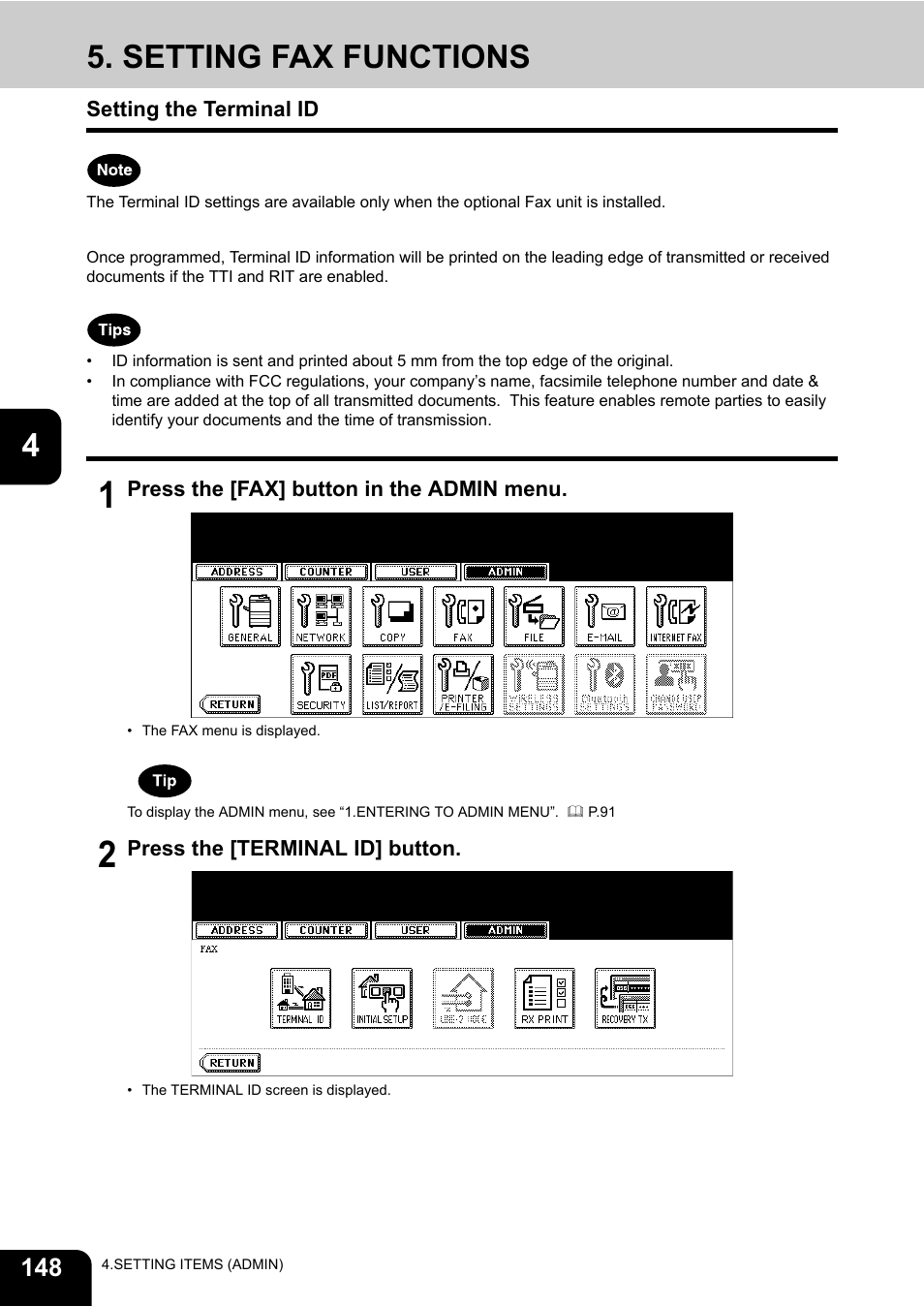 Setting fax functions, Setting the terminal id, P.148 “5.setting fax functions | Toshiba E.STUDIO e-STUDIO 523 User Manual | Page 150 / 216