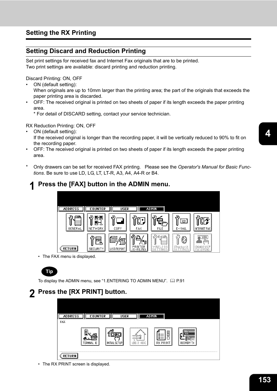 Setting the rx printing, Setting discard and reduction printing | Toshiba E.STUDIO e-STUDIO 523 User Manual | Page 155 / 216