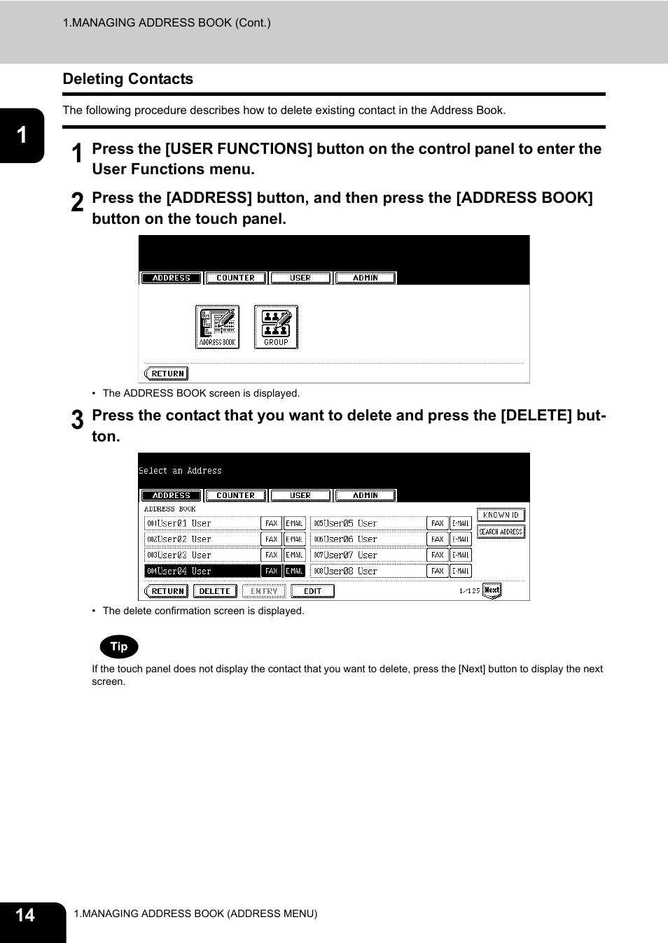 Deleting contacts, P.14 “deleting contacts | Toshiba E.STUDIO e-STUDIO 523 User Manual | Page 16 / 216