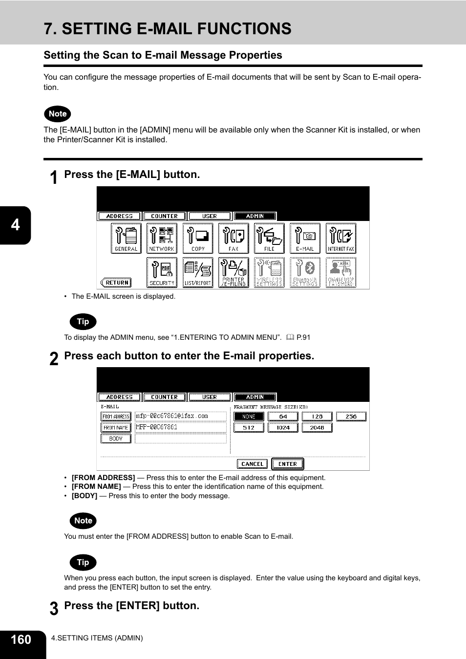 Setting e-mail functions, Setting the scan to e-mail message properties, P.160 “7.setting e-mail functions | Toshiba E.STUDIO e-STUDIO 523 User Manual | Page 162 / 216