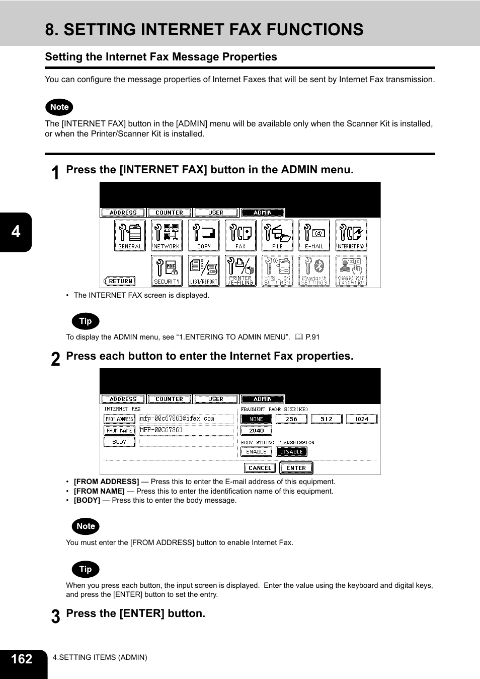 Setting internet fax functions, Setting the internet fax message properties, P.162 “8.setting internet fax functions | Toshiba E.STUDIO e-STUDIO 523 User Manual | Page 164 / 216