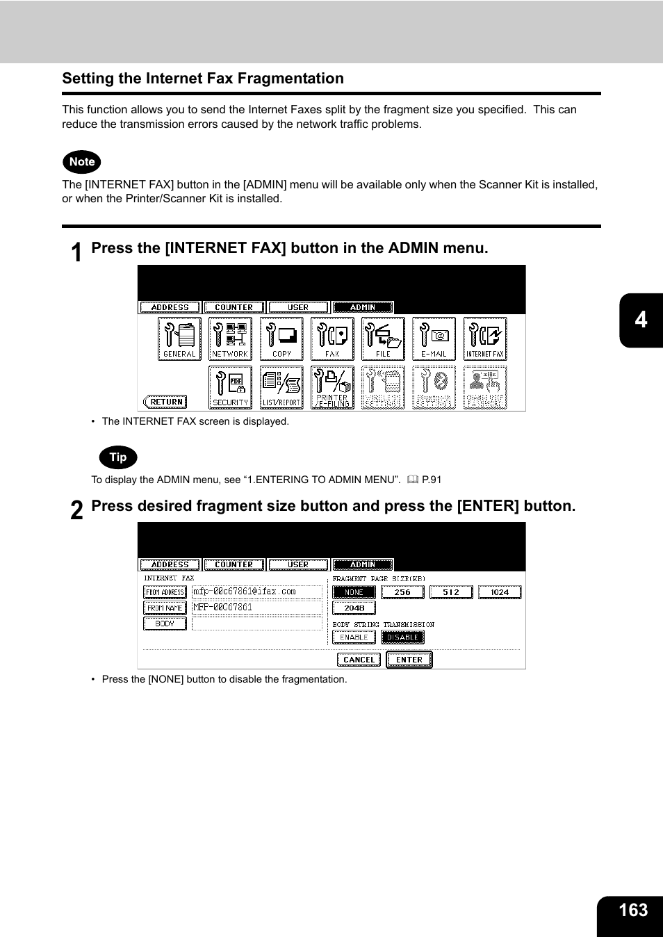 Setting the internet fax fragmentation | Toshiba E.STUDIO e-STUDIO 523 User Manual | Page 165 / 216