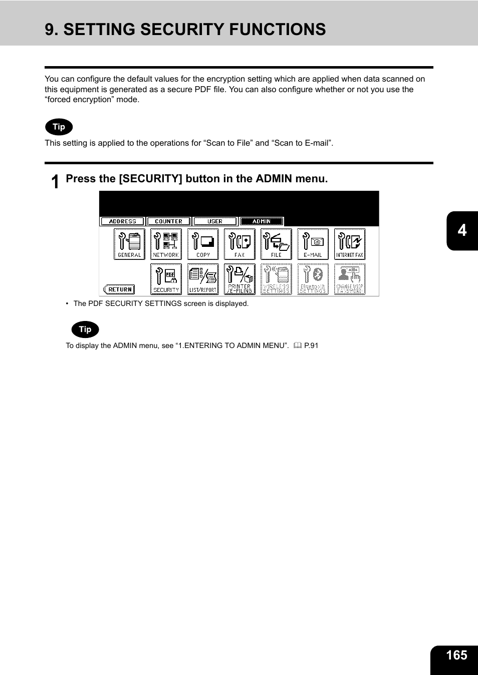 Setting security functions, P.165 “9.setting security functions | Toshiba E.STUDIO e-STUDIO 523 User Manual | Page 167 / 216