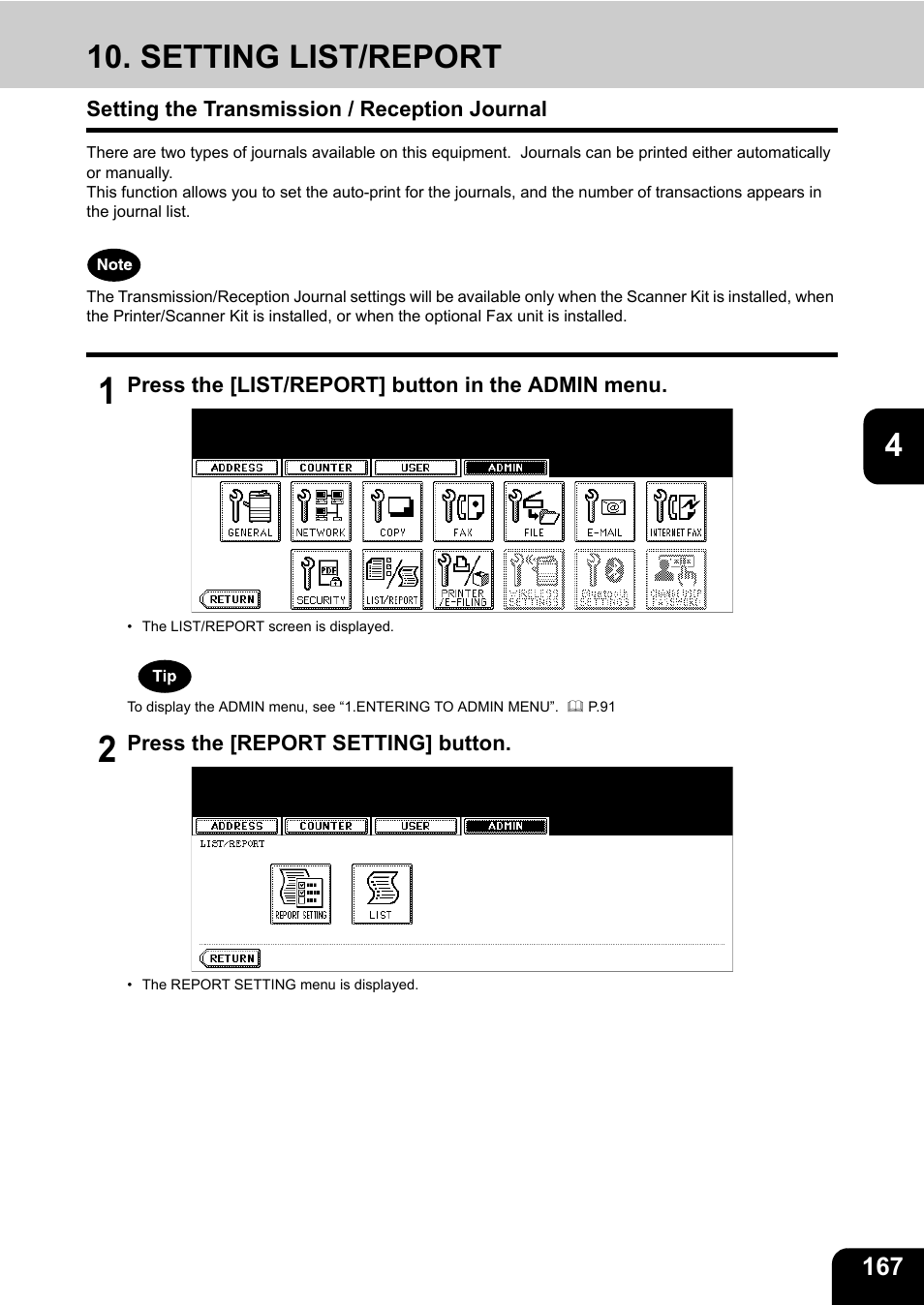 Setting list/report, Setting the transmission / reception journal, P.167 “10.setting list/report | Toshiba E.STUDIO e-STUDIO 523 User Manual | Page 169 / 216