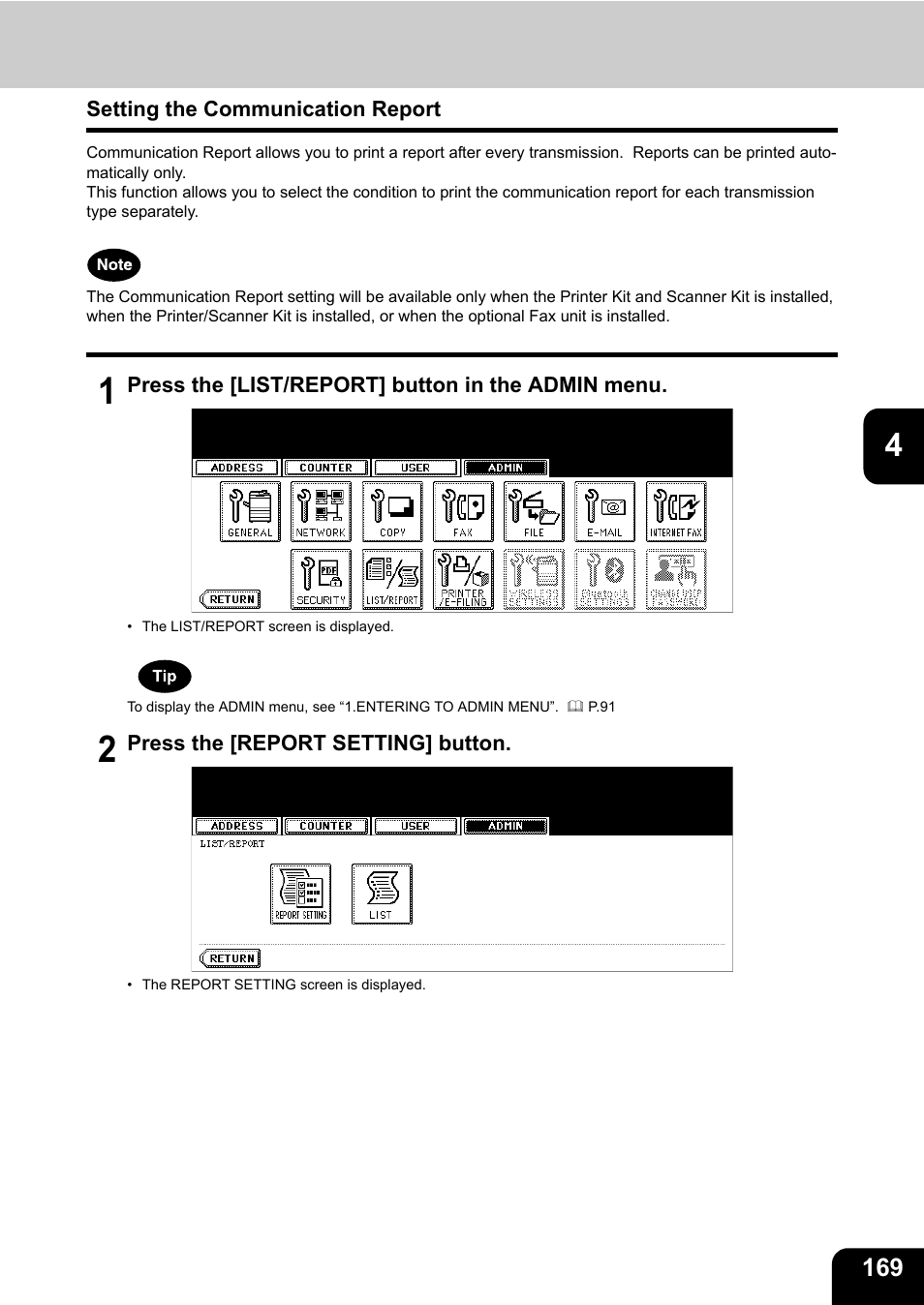 Setting the communication report | Toshiba E.STUDIO e-STUDIO 523 User Manual | Page 171 / 216