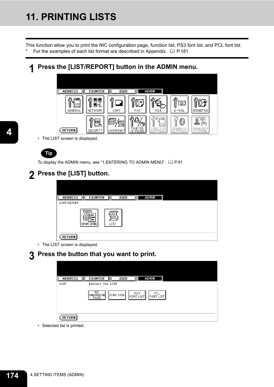 Printing lists, P.174 “11.printing lists | Toshiba E.STUDIO e-STUDIO 523 User Manual | Page 176 / 216
