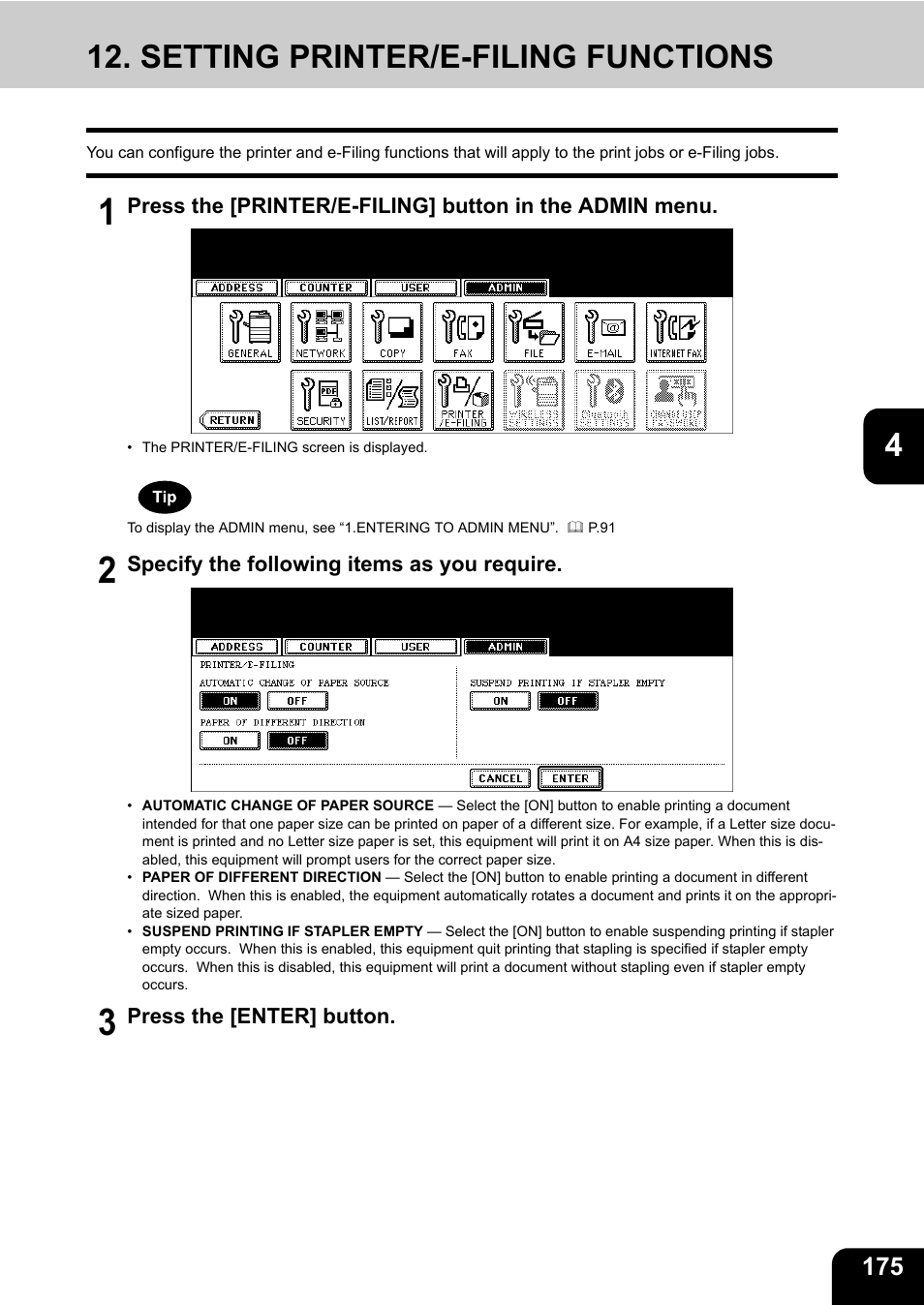 Setting printer/e-filing functions, P.175 “12.setting printer/e-filing functions | Toshiba E.STUDIO e-STUDIO 523 User Manual | Page 177 / 216