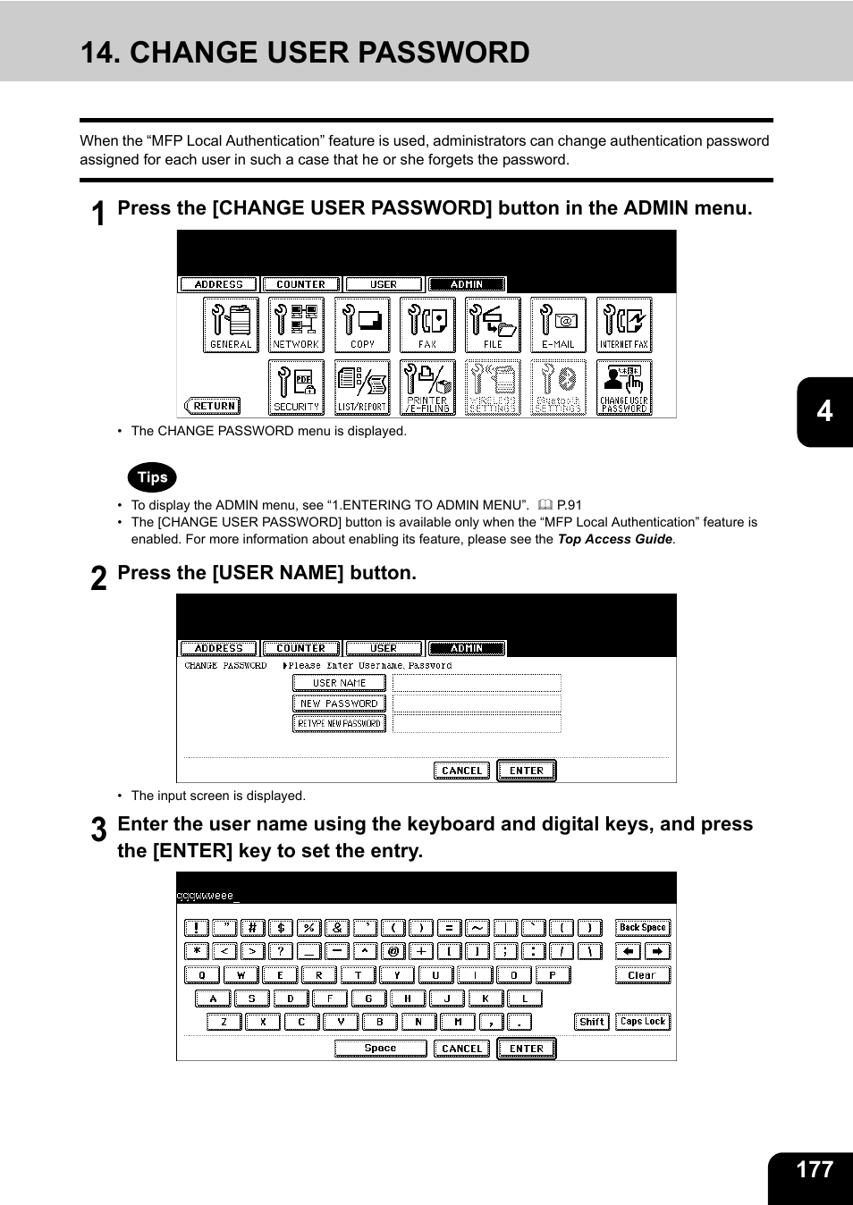 Change user password, P.177 “14.change user password | Toshiba E.STUDIO e-STUDIO 523 User Manual | Page 179 / 216